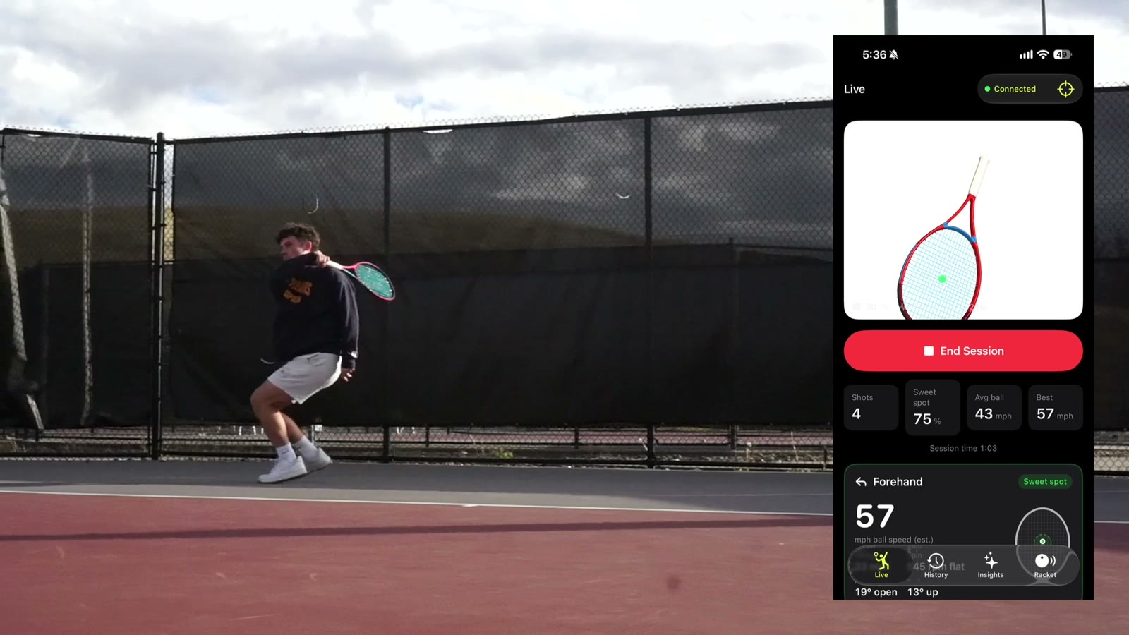 A player hitting a forehand beside the Tennis Buddy app showing the live shot